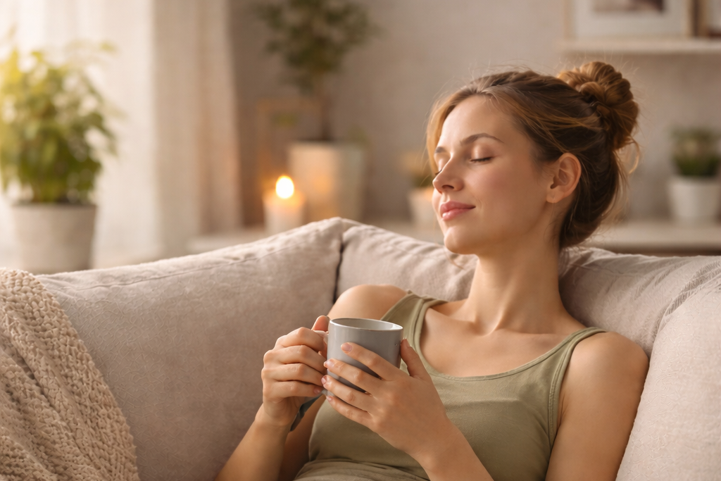 Woman relaxing on a couch holding a mug in a cozy living room.